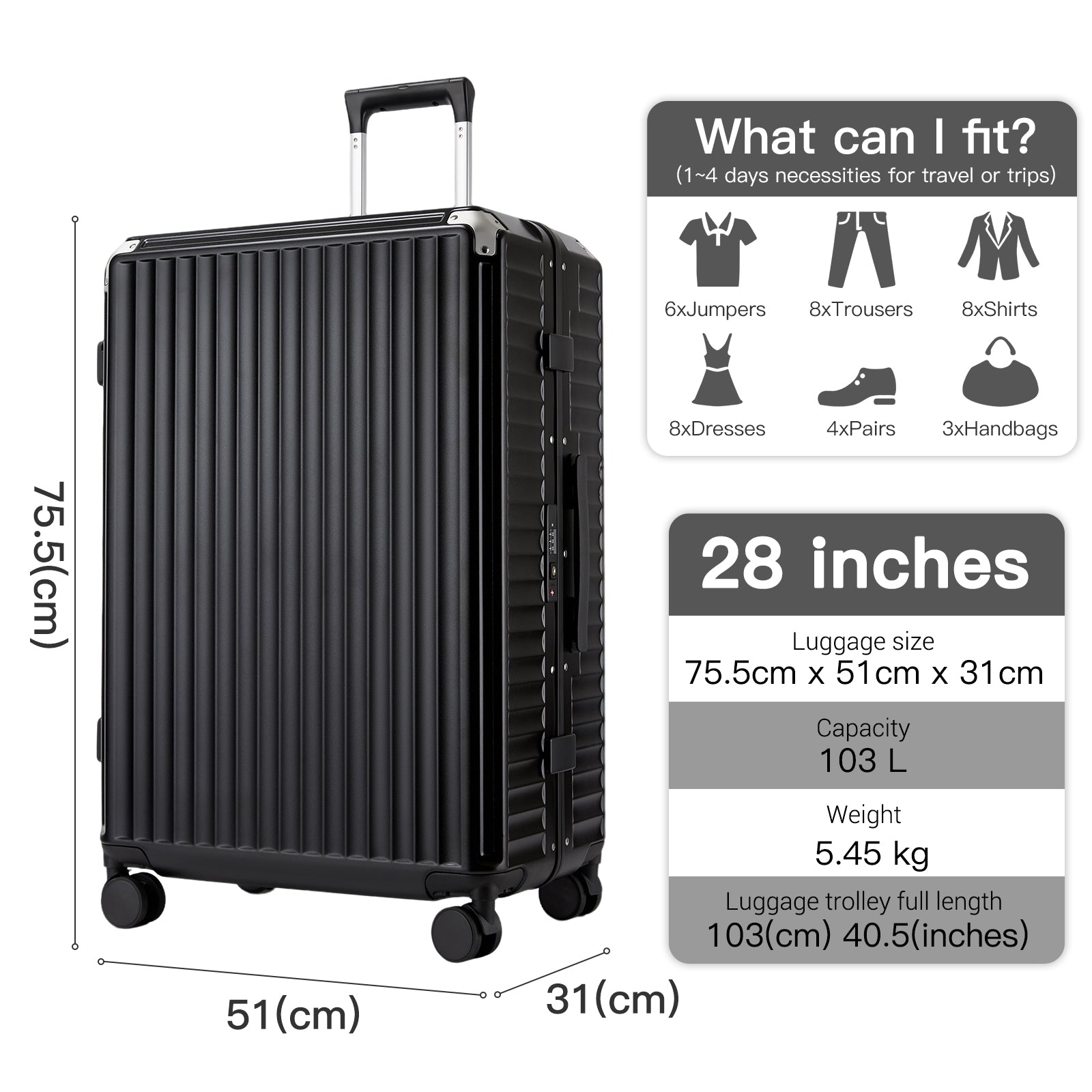 Kono Zipperless Aluminium Frame PC Hard Shell Suitcase – Smart Lock Travel Luggage with Phone Holder & Cup Holder (KSK2693) - Black