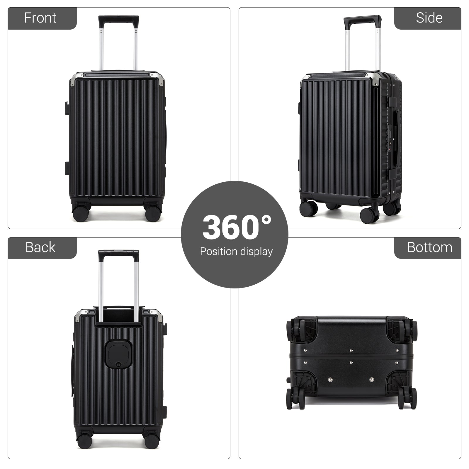 Kono Zipperless Aluminium Frame PC Hard Shell Suitcase – Smart Lock Travel Luggage with Phone Holder & Cup Holder (KSK2693) - Black
