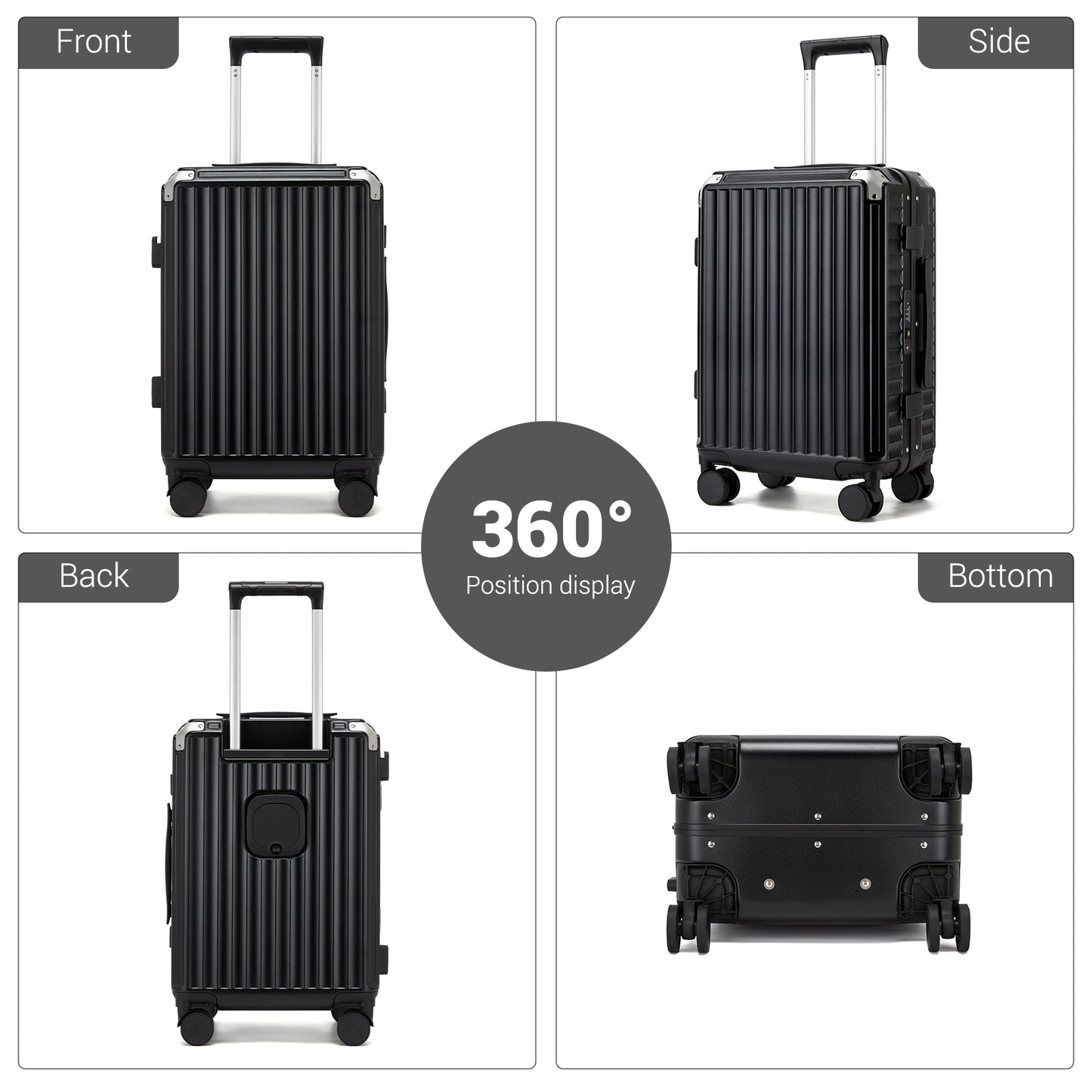 Kono 3-Piece Zipperless Aluminium Frame Luggage Set with TSA Lock, Smart Travel Features (KSK2693) - Black