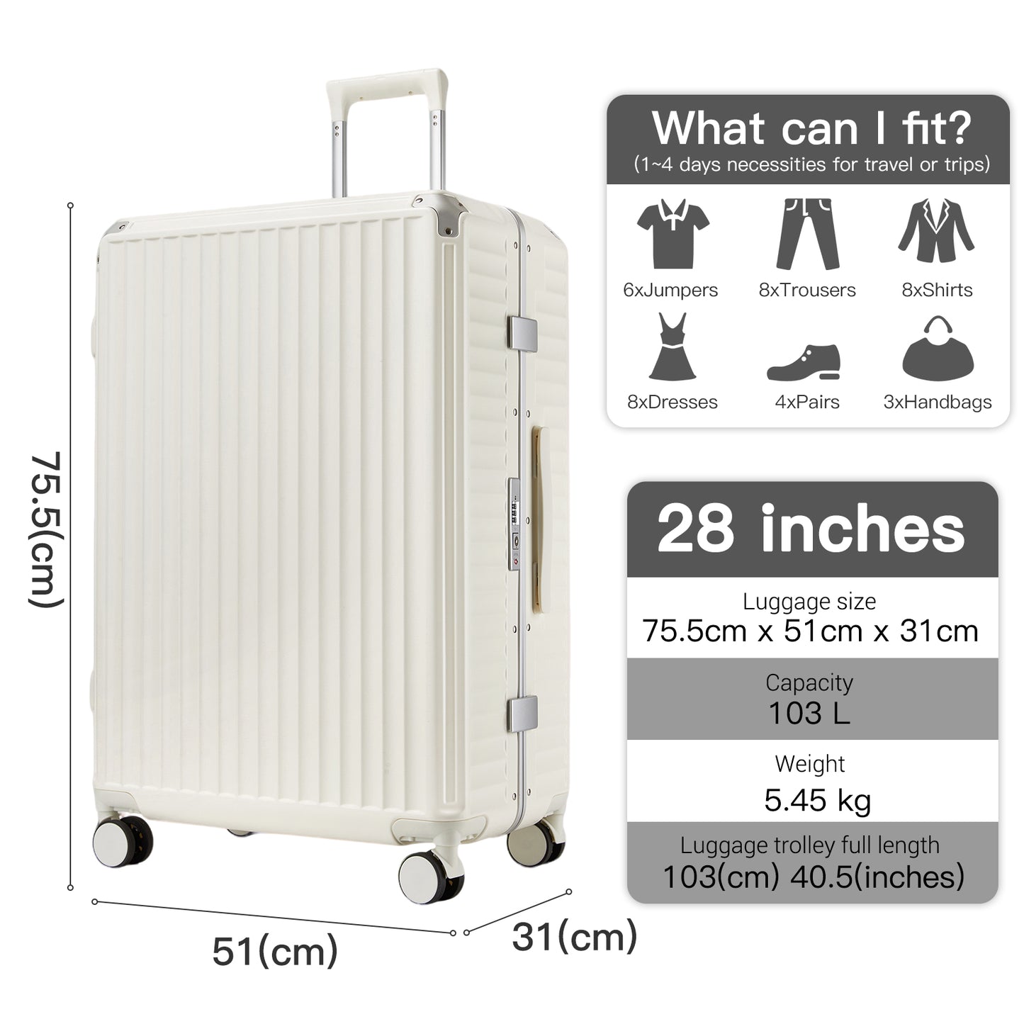 Kono Zipperless Aluminium Frame PC Hard Shell Suitcase – Smart Lock Travel Luggage with Phone Holder & Cup Holder (KSK2693) - White