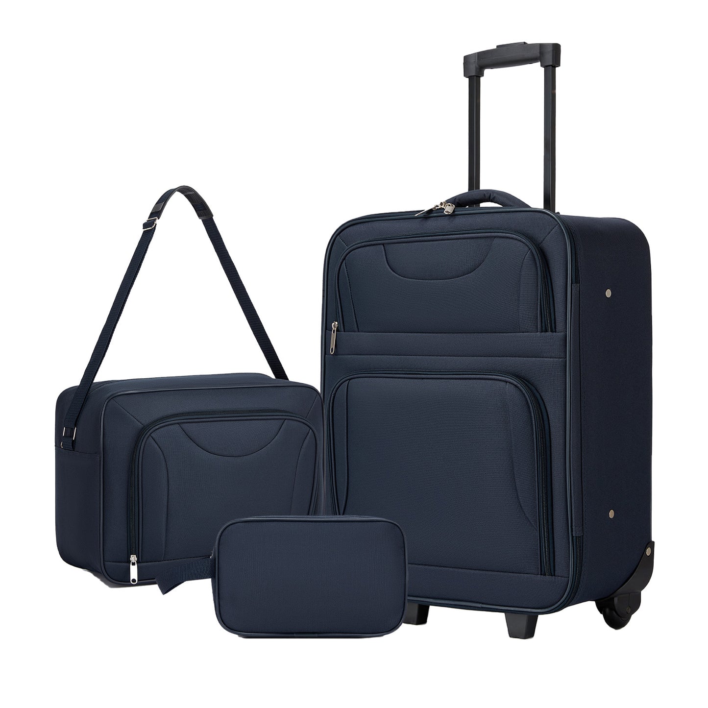 3 Piece 20 Inch Soft-shell Luggage Set with Cabin Shoulder Bag & Toiletry Bag, Lightweight Carry-On Travel Combo (KSN2586) - Navy