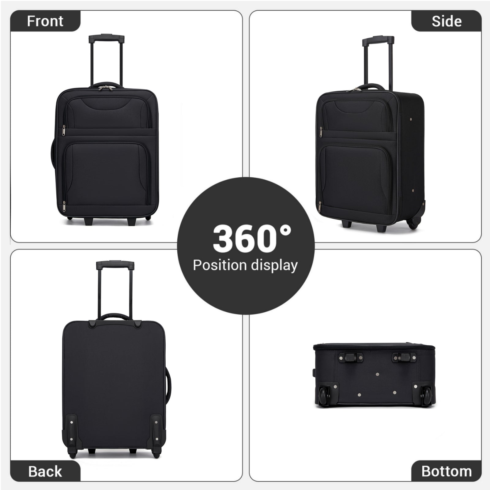3 Piece 20 Inch Soft-shell Luggage Set with Cabin Shoulder Bag & Toiletry Bag, Lightweight Carry-On Travel Combo (KSN2586) - Black