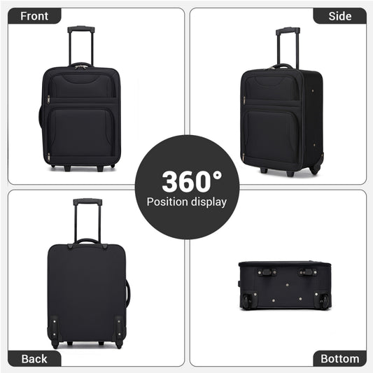 3 Piece 20 Inch Soft-shell Luggage Set with Cabin Shoulder Bag & Toiletry Bag, Lightweight Carry-On Travel Combo (KSN2586) - Black