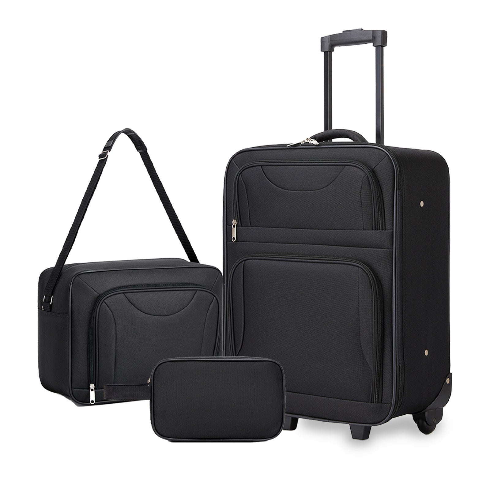 3 Piece 20 Inch Soft-shell Luggage Set with Cabin Shoulder Bag & Toiletry Bag, Lightweight Carry-On Travel Combo (KSN2586) - Black