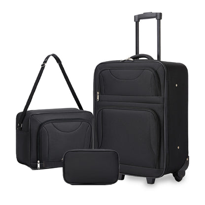 3 Piece 20 Inch Soft-shell Luggage Set with Cabin Shoulder Bag & Toiletry Bag, Lightweight Carry-On Travel Combo (KSN2586) - Black