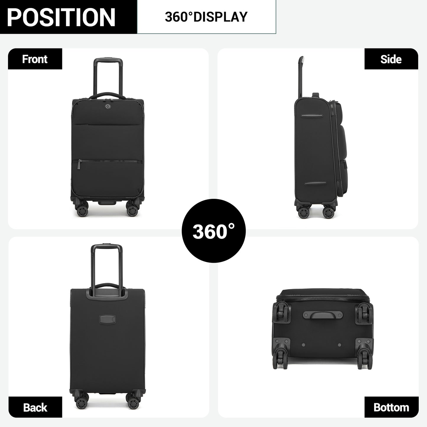 Women's Lightweight Softshell Suitcase with Spinner Wheels and Spacious Compartments (KSN2593) - Black