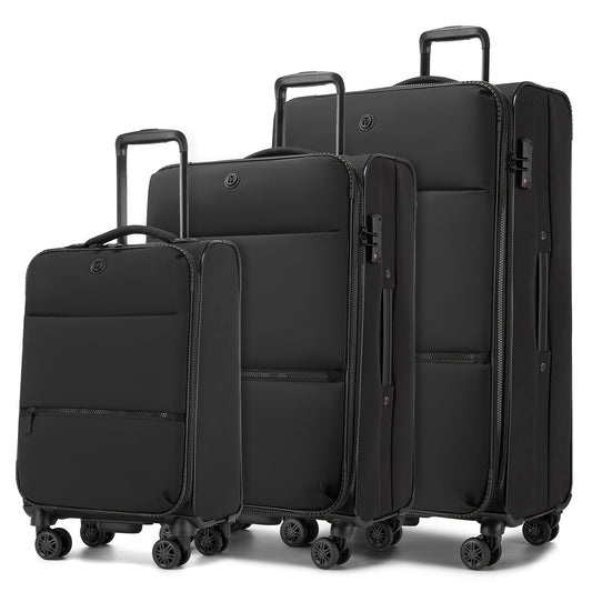 3 Piece Softshell Expandable Luggage Set 20/26/30 Inch, Lightweigh Suitcase with Silent Wheels & Organised Interior for Travel (KSN2593) - Black