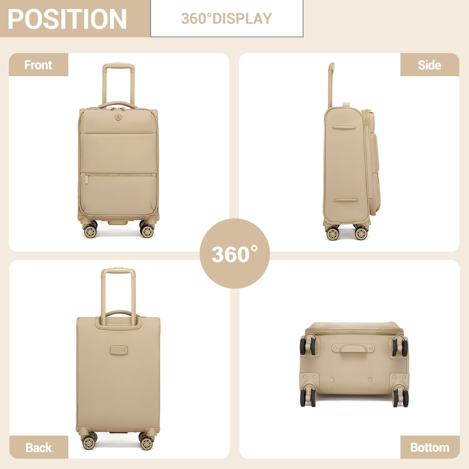 Women's Lightweight Softshell Suitcase with Spinner Wheels and Spacious Compartments (KSN2593) - Khaki