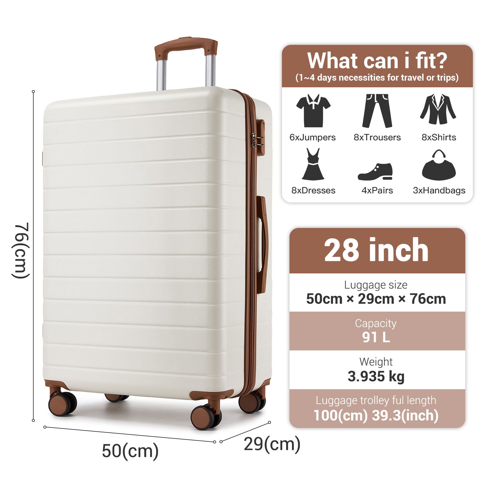 , Durable ABS Hard Shell Suitcase with 360 Silent Spinner Wheels & Secure Combination Lock (KSN2691) - Cream & Brown