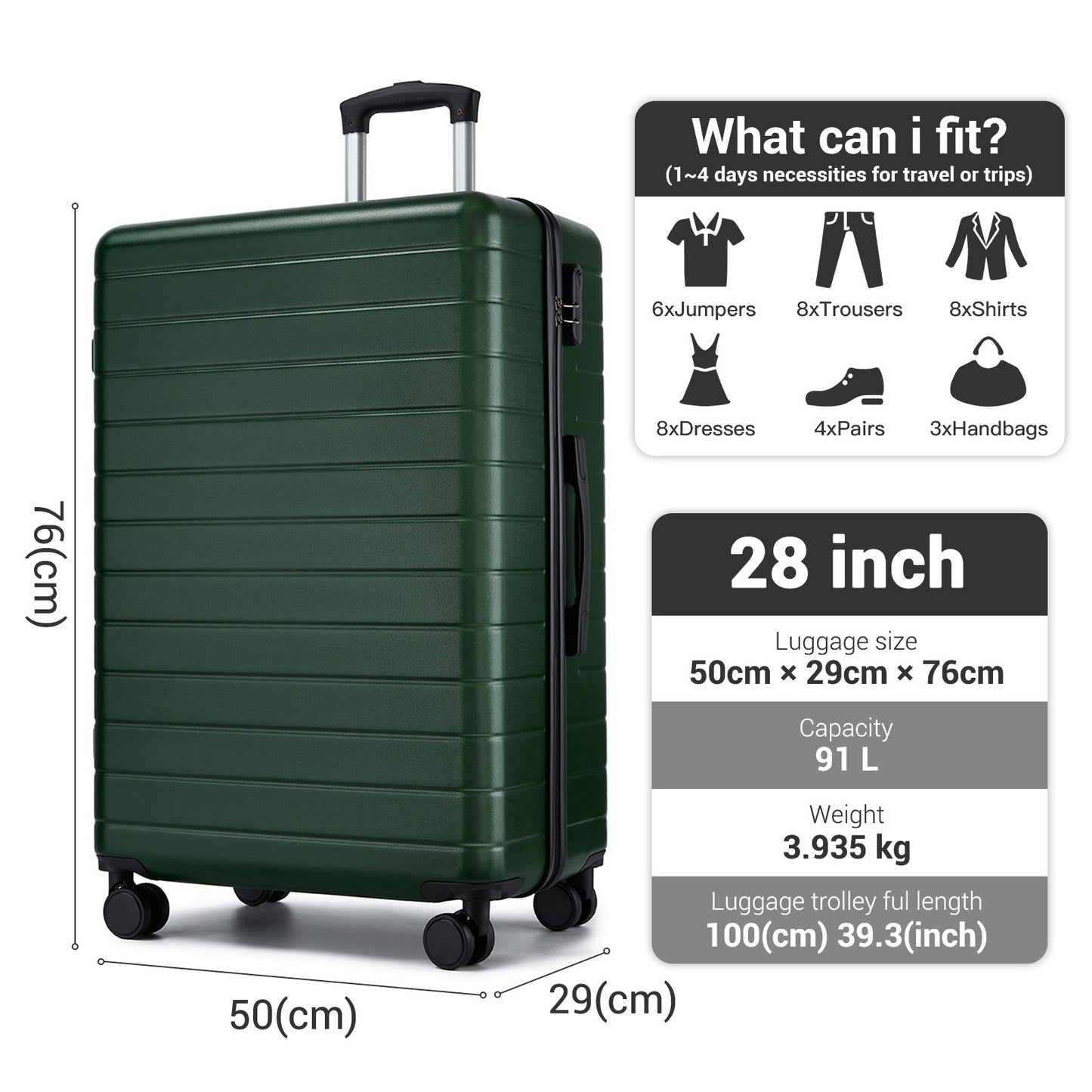 , Durable ABS Hard Shell Suitcase with 360 Silent Spinner Wheels & Secure Combination Lock (KSN2691) - Green