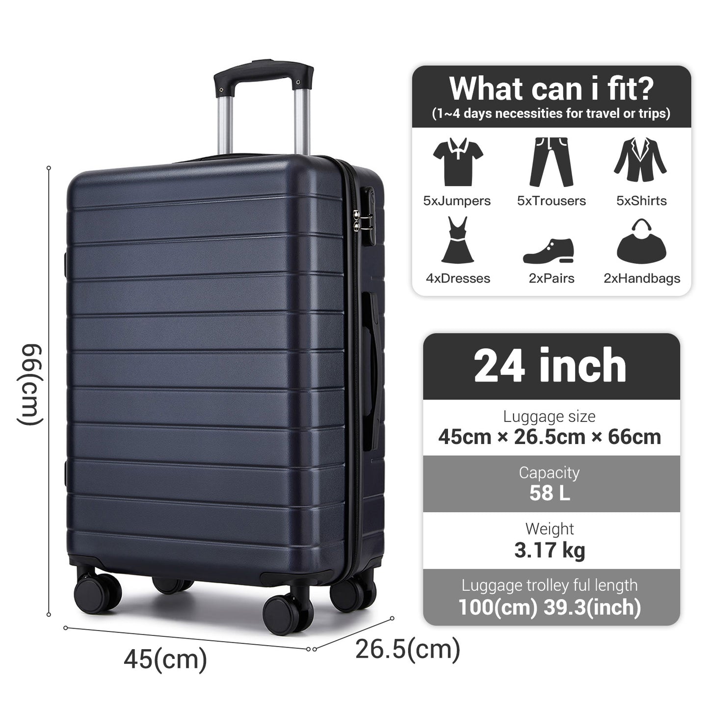, Durable ABS Hard Shell Suitcase with 360 Silent Spinner Wheels & Secure Combination Lock (KSN2691) - Navy