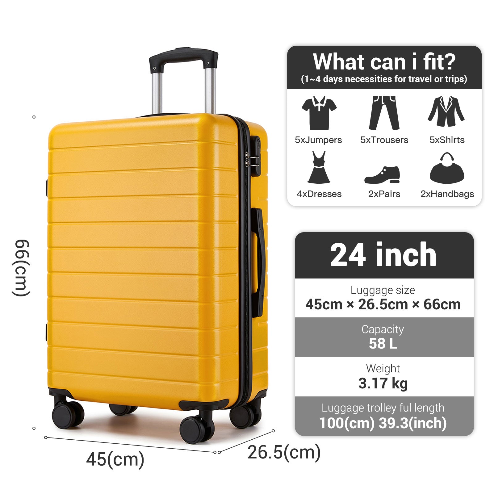 , Durable ABS Hard Shell Suitcase with 360 Silent Spinner Wheels & Secure Combination Lock (KSN2691) - Yellow
