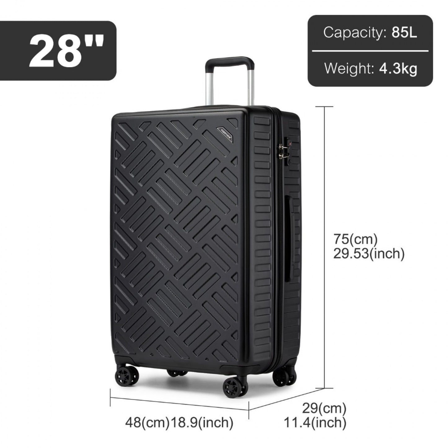 Supercase Sleek Geometric Pattern Hard Shell ABS+PC Cabin Suitcase with TSA Lock (KSS2495) - Black