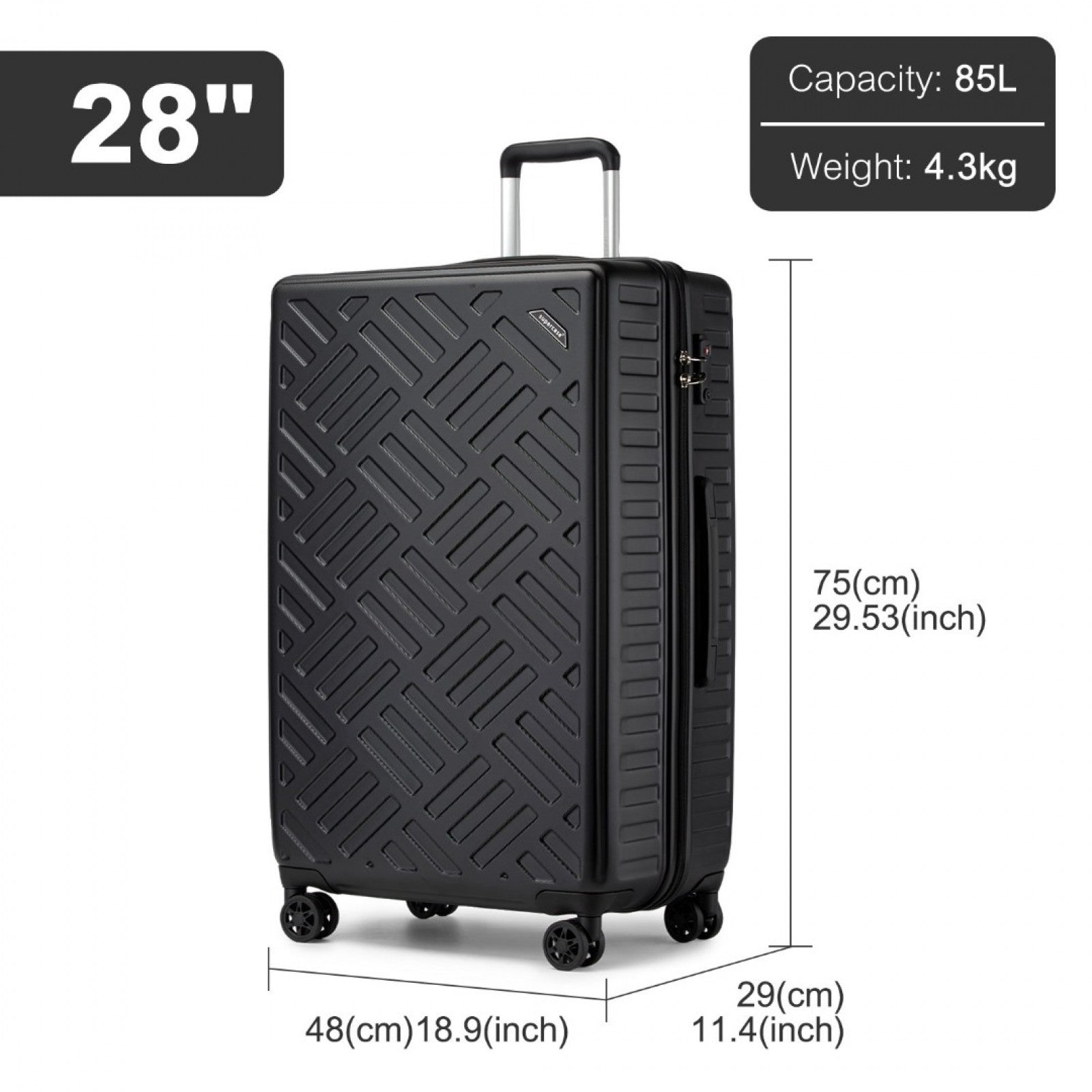 Supercase Sleek Geometric Pattern Hard Shell ABS+PC Cabin Suitcase with TSA Lock (KSS2495) - Black