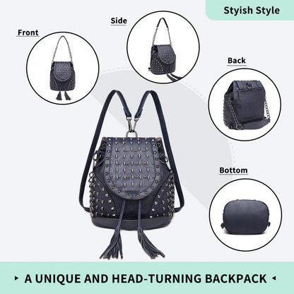 Miss Lulu Skull Studded Backpack Shoulder Bag (L1414) - Navy