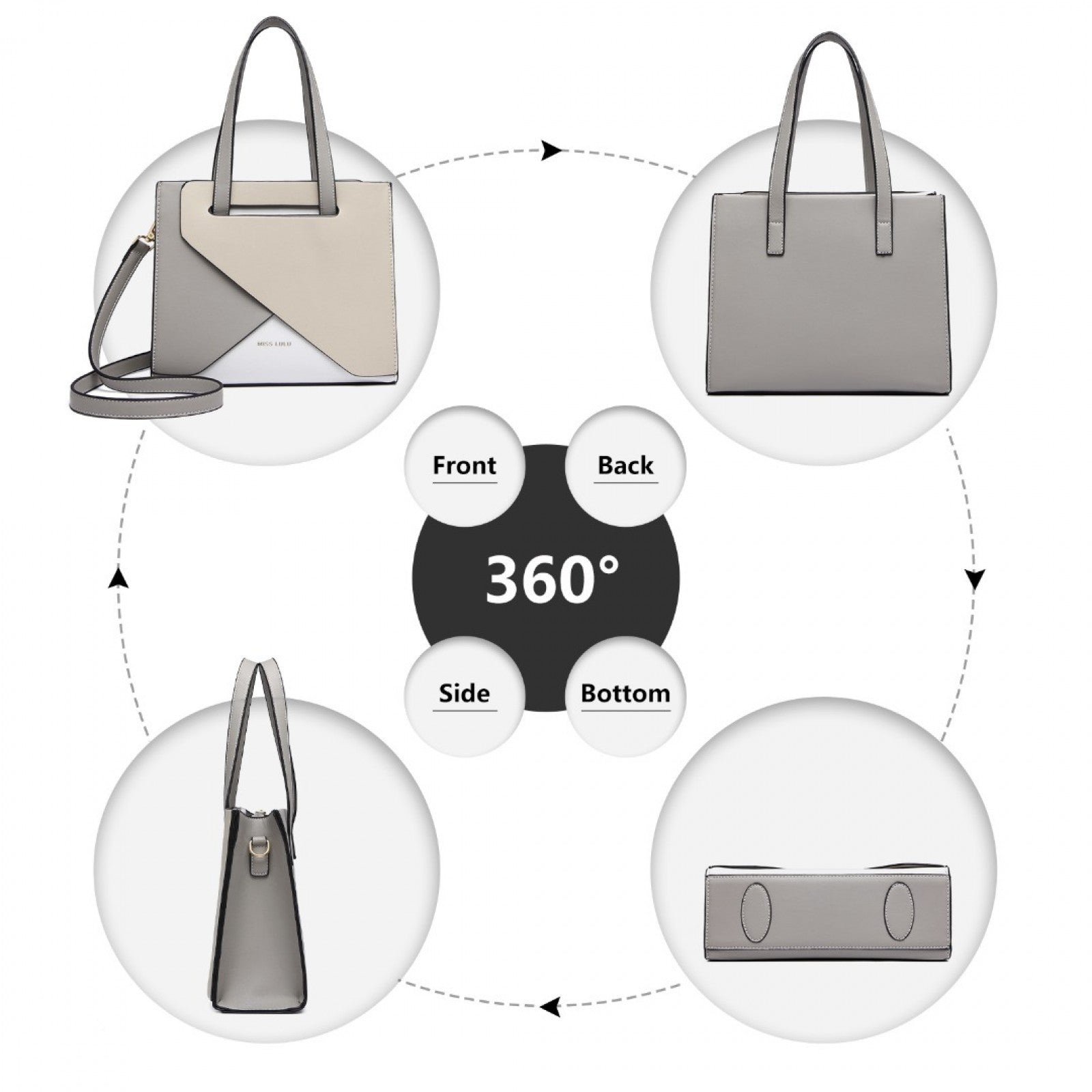 Miss Lulu Contrast Panel Shoulder Bag (LB2008) - Grey & Beige