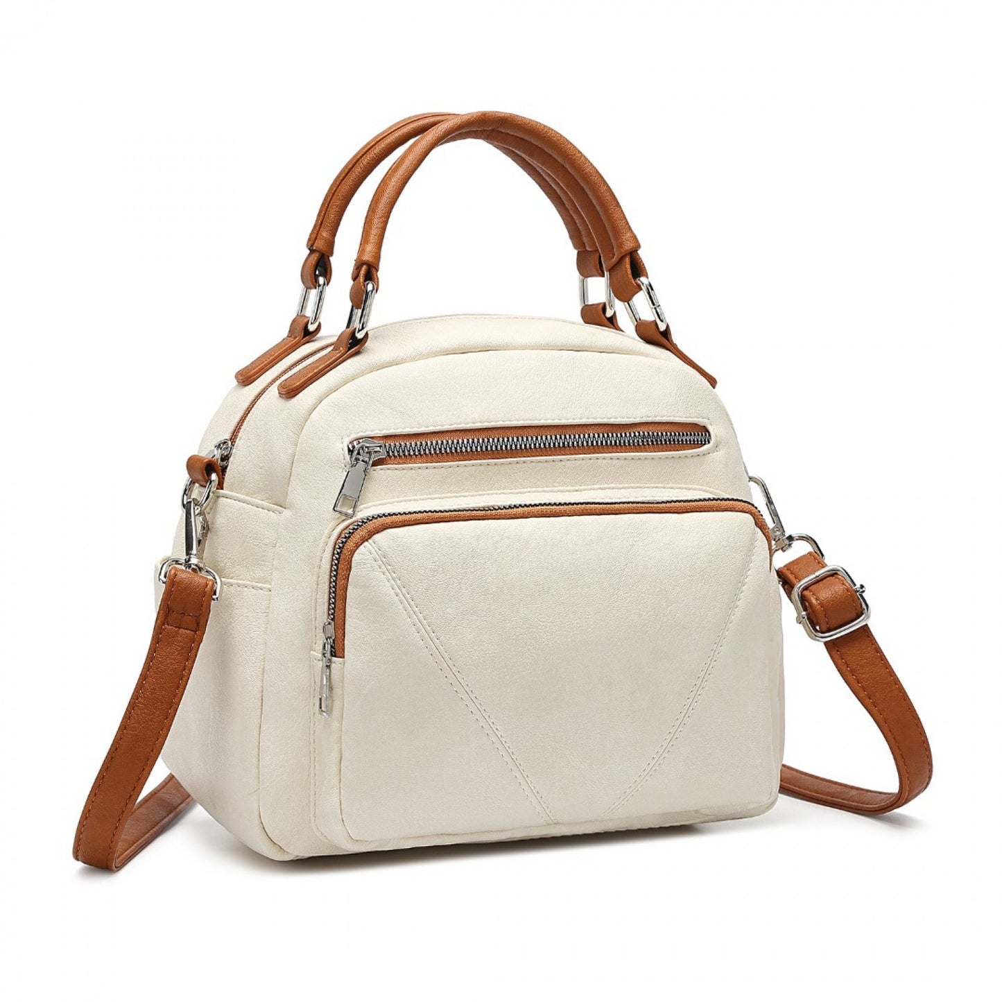 Miss Lulu Bowler Style Shoulder Bag (LB6907) - Beige & Brown