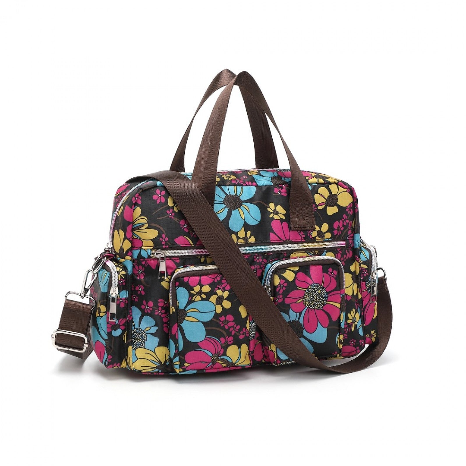 Kono Versatile Multi-Pocket Travel Bag With Adjustable Detachable Strap And Flower Print (MSK2434F) - Black