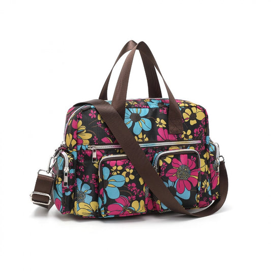 Kono Versatile Multi-Pocket Travel Bag With Adjustable Detachable Strap And Flower Print (MSK2434F) - Black