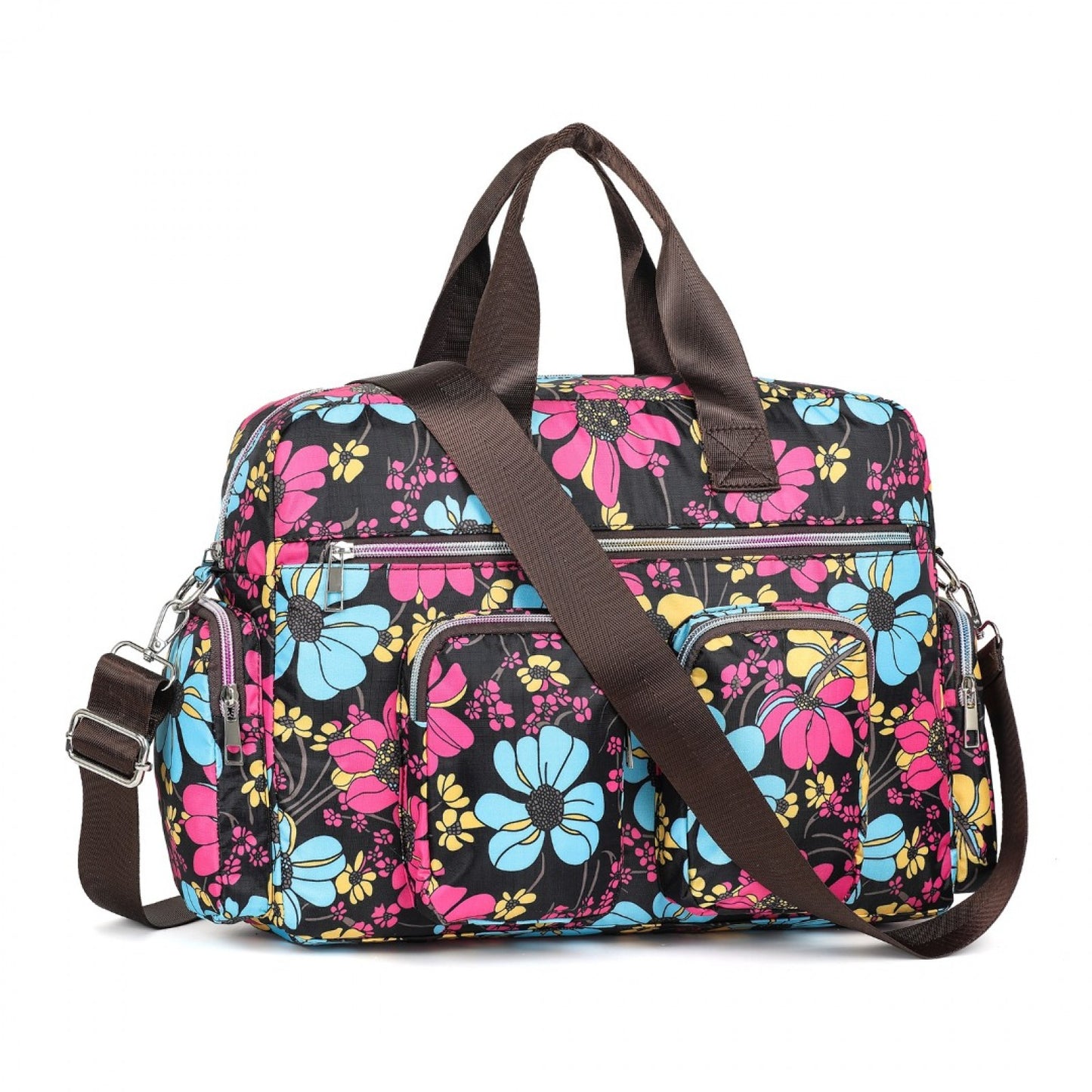 Kono Large Capacity Travel Bag with Multiple Zippered Pockets And Flower Print Perfect For Daily Use (MSK2436) - Black