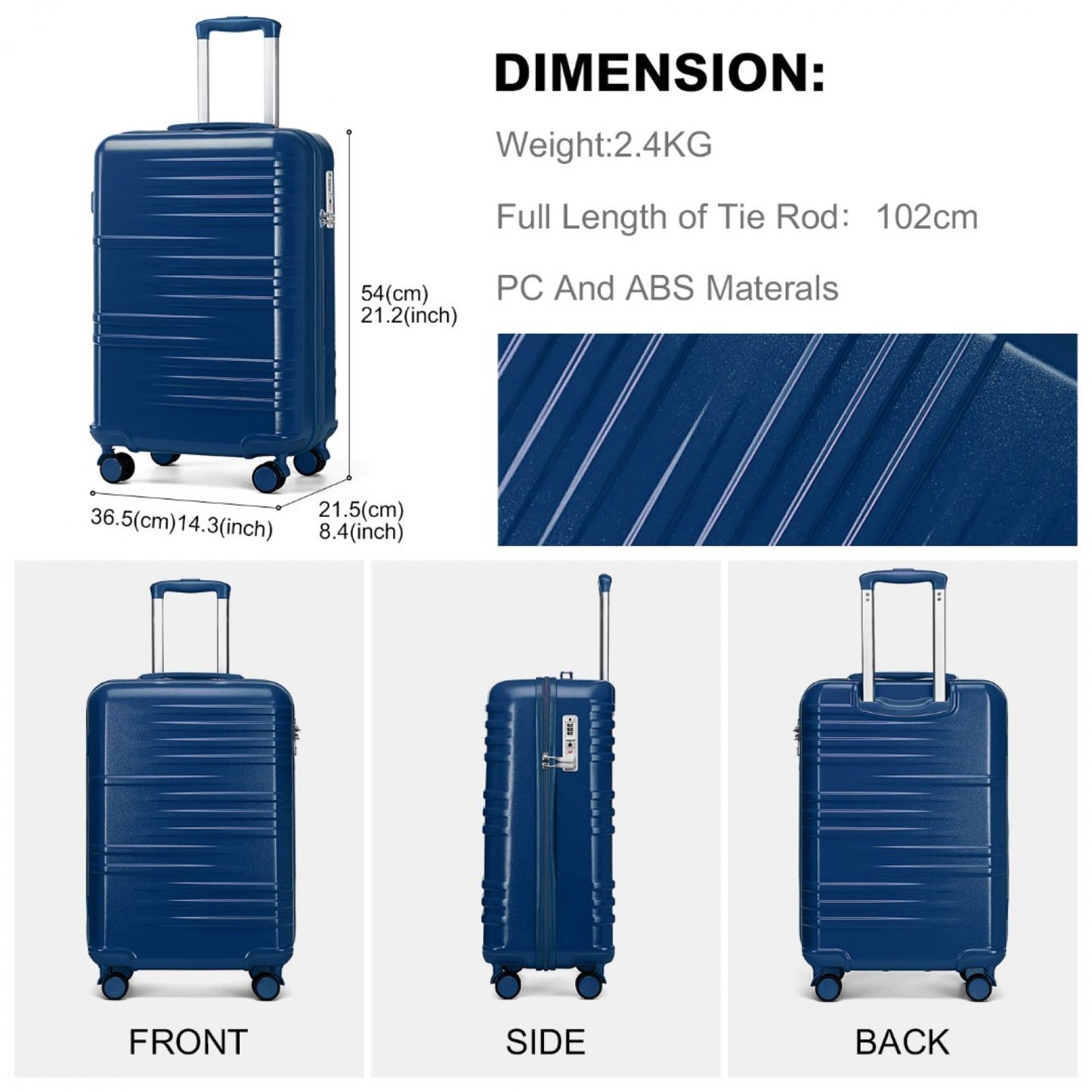 British Traveller Durable Polycarbonate and ABS Hard Shell Suitcase With TSA Lock (K2391L) - Navy