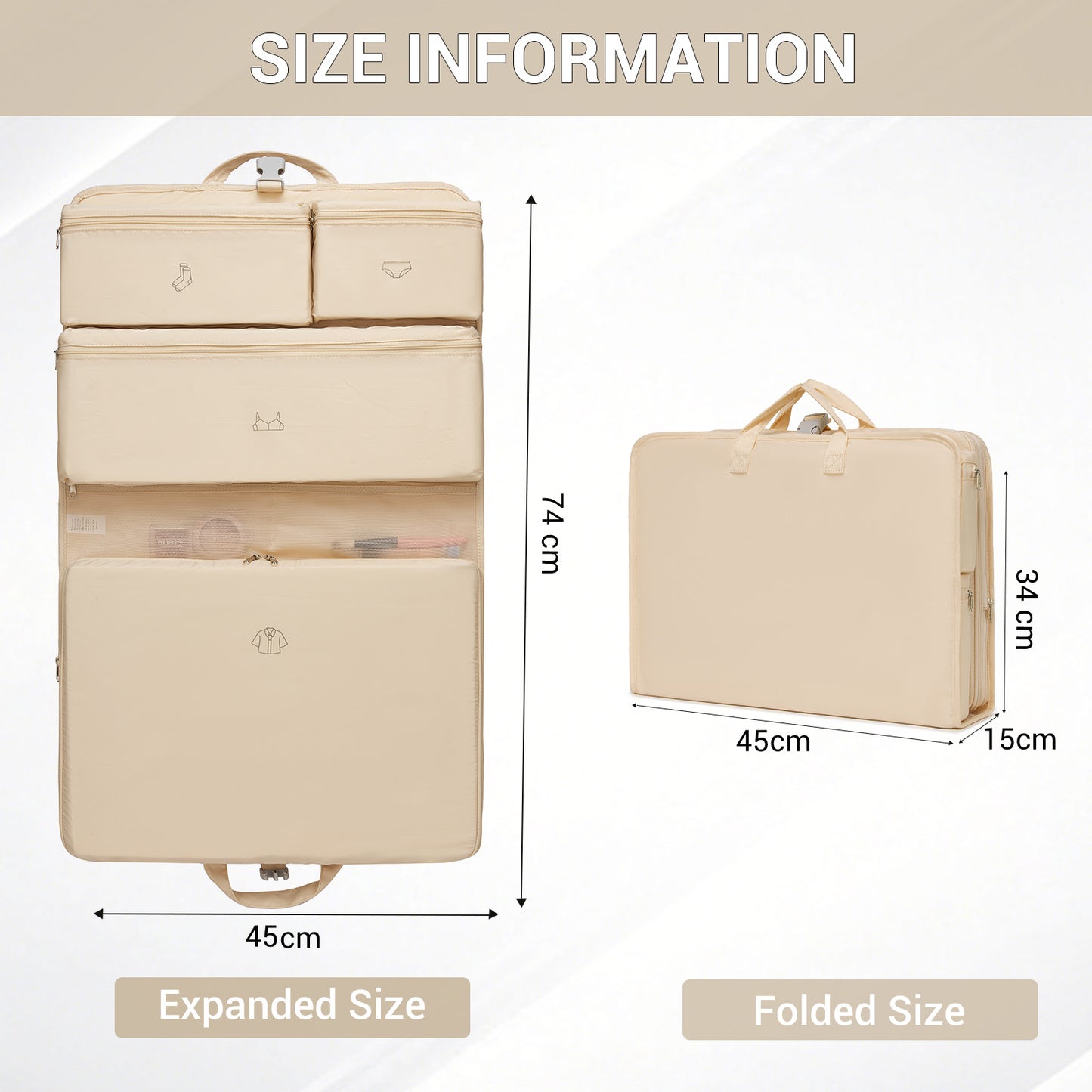 Kono 6-in-1 Hanging Travel Organiser Bag, Portable Foldable Packing Cubes Set with Trolley Sleeve (POK2523) - Beige