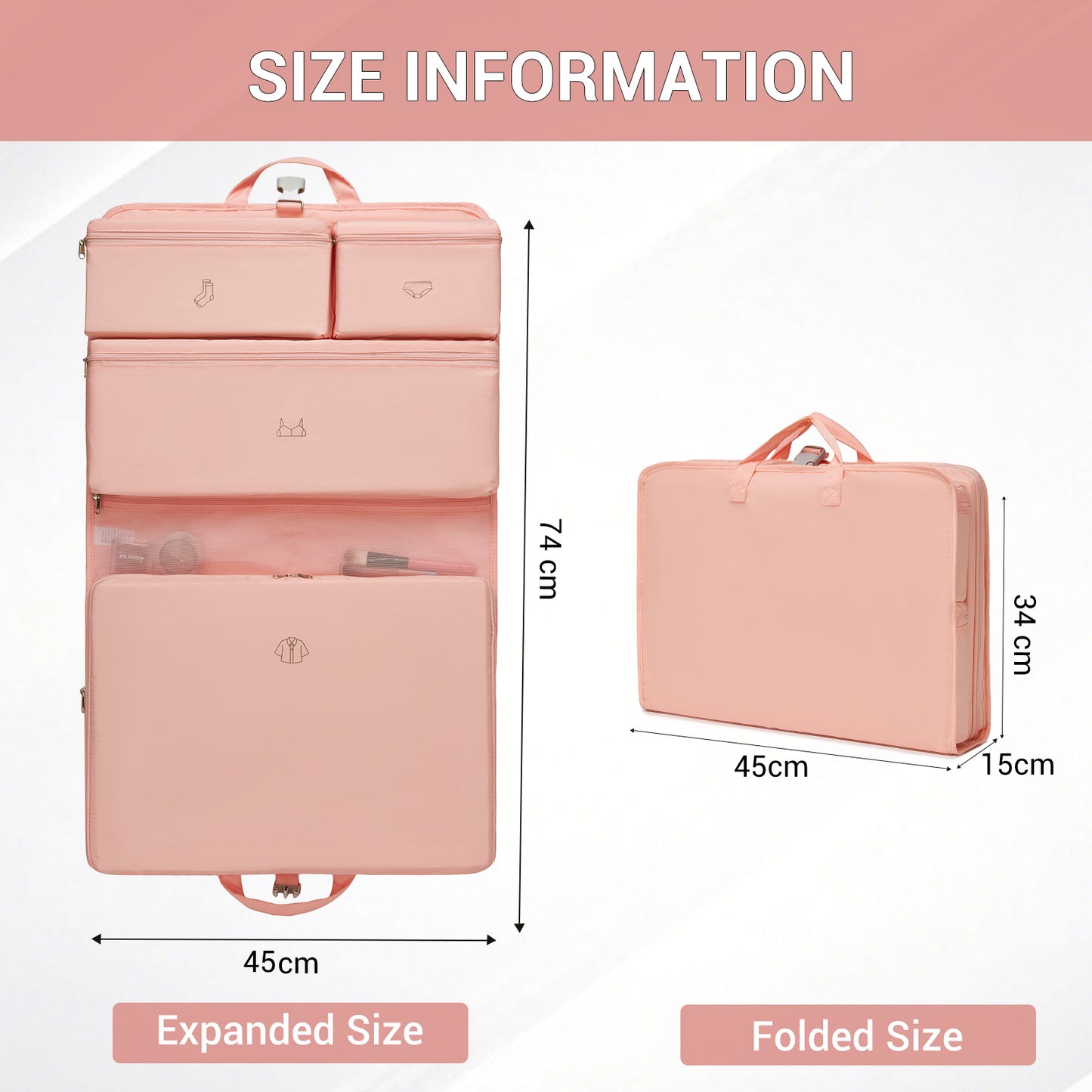 Kono 6-in-1 Hanging Travel Organiser Bag, Portable Foldable Packing Cubes Set with Trolley Sleeve (POK2523) - Pink