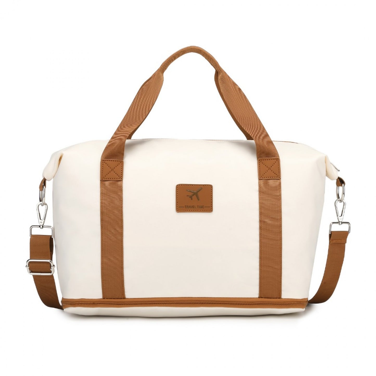36L Expandable Water-Resistant Travel Tote Set with Cosmetic Pouch Versatile Carry-On Duffel Bag (S2366) - Beige & Brown