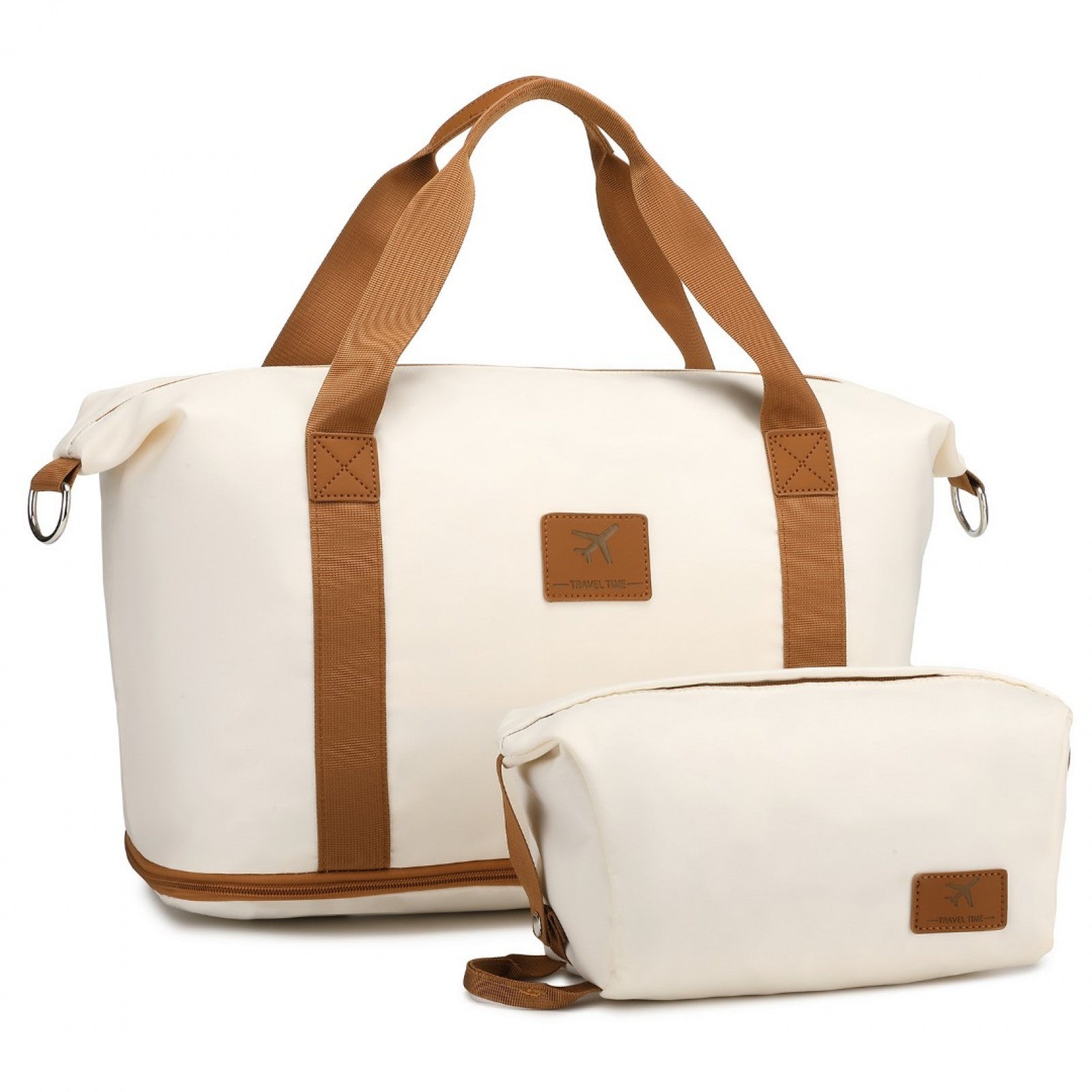 36L Expandable Water-Resistant Travel Tote Set with Cosmetic Pouch Versatile Carry-On Duffel Bag (S2366) - Beige & Brown