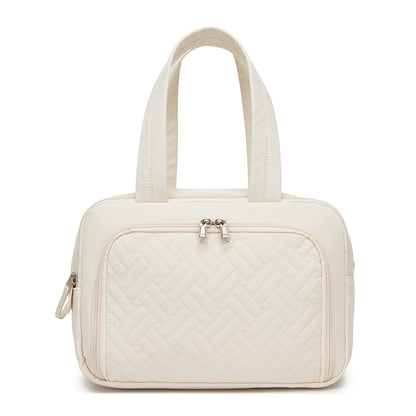 Kono Travel Quilted Toiletry Bag – Water-Resistant, Wet/Dry Pocket, Large 180° Opening for Easy Access (TOK2608) - Beige