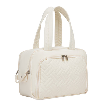 Kono Travel Quilted Toiletry Bag – Water-Resistant, Wet/Dry Pocket, Large 180° Opening for Easy Access (TOK2608) - Beige