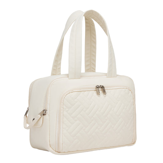 Kono Travel Quilted Toiletry Bag – Water-Resistant, Wet/Dry Pocket, Large 180° Opening for Easy Access (TOK2608) - Beige