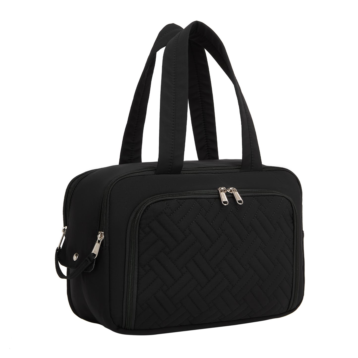 Kono Travel Quilted Toiletry Bag – Water-Resistant, Wet/Dry Pocket, Large 180° Opening for Easy Access (TOK2608) - Black