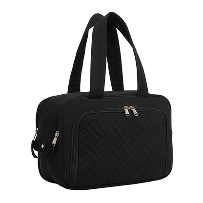 Kono Travel Quilted Toiletry Bag – Water-Resistant, Wet/Dry Pocket, Large 180° Opening for Easy Access (TOK2608) - Black