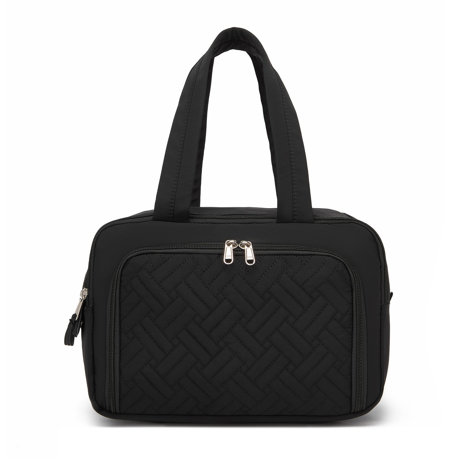 Kono Travel Quilted Toiletry Bag – Water-Resistant, Wet/Dry Pocket, Large 180° Opening for Easy Access (TOK2608) - Black