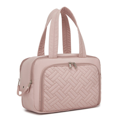 Kono Travel Quilted Toiletry Bag – Water-Resistant, Wet/Dry Pocket, Large 180° Opening for Easy Access (TOK2608) - Nude