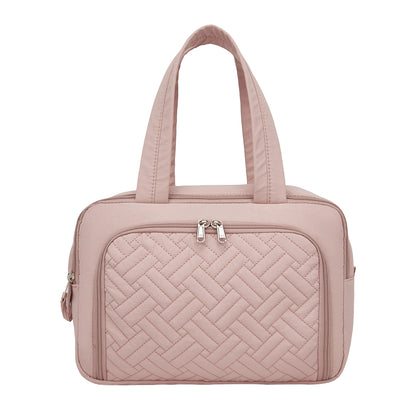 Kono Travel Quilted Toiletry Bag – Water-Resistant, Wet/Dry Pocket, Large 180° Opening for Easy Access (TOK2608) - Nude