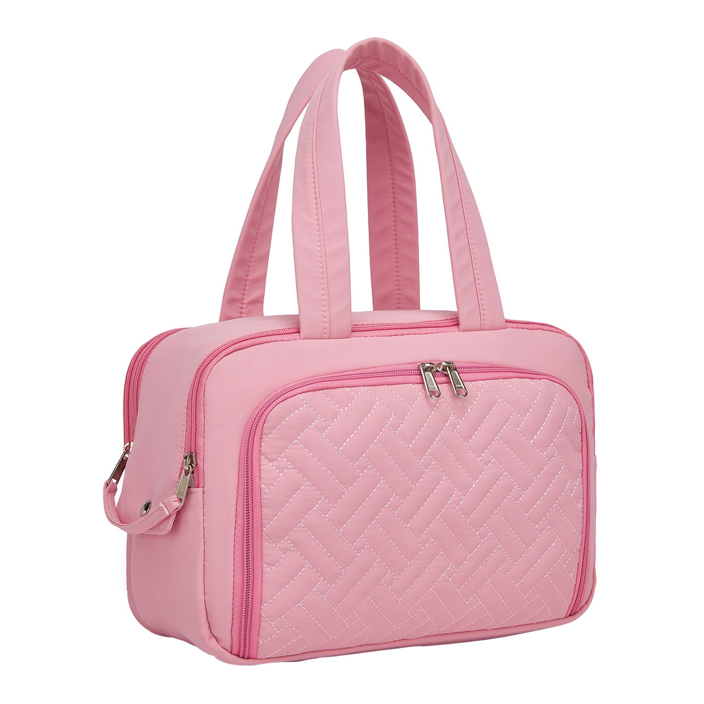 Kono Travel Quilted Toiletry Bag – Water-Resistant, Wet/Dry Pocket, Large 180° Opening for Easy Access (TOK2608) - Pink