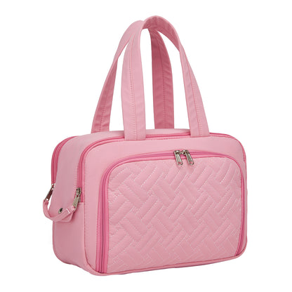 Kono Travel Quilted Toiletry Bag – Water-Resistant, Wet/Dry Pocket, Large 180° Opening for Easy Access (TOK2608) - Pink