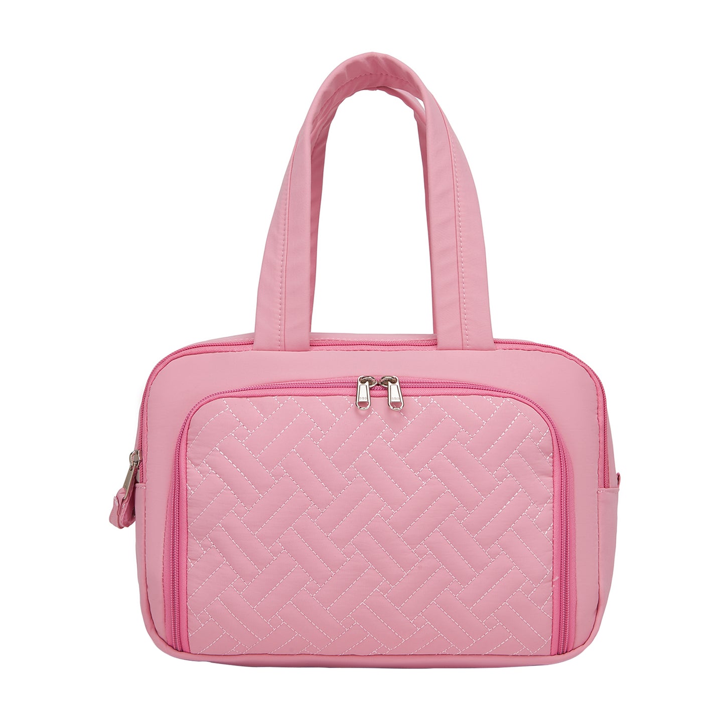 Kono Travel Quilted Toiletry Bag – Water-Resistant, Wet/Dry Pocket, Large 180° Opening for Easy Access (TOK2608) - Pink