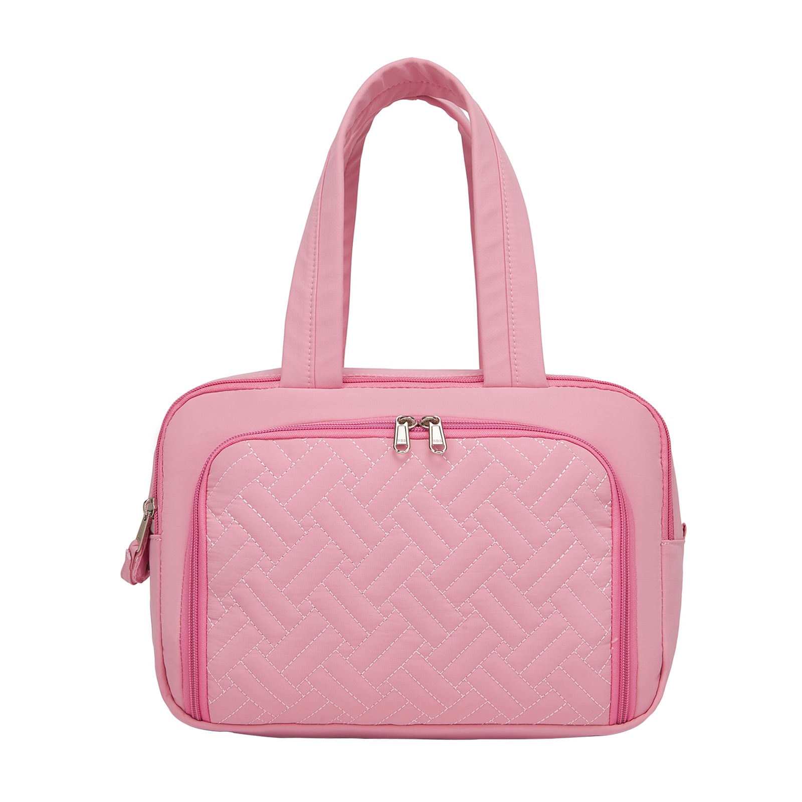 Kono Travel Quilted Toiletry Bag – Water-Resistant, Wet/Dry Pocket, Large 180° Opening for Easy Access (TOK2608) - Pink