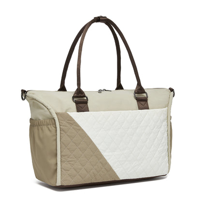 Miss Lulu Stylish Quilted Color-Blocked Cabin Travel Bag with Dry-wet separation compartment & Trolley Sleeve (TVM2520) - Khaki & Beige