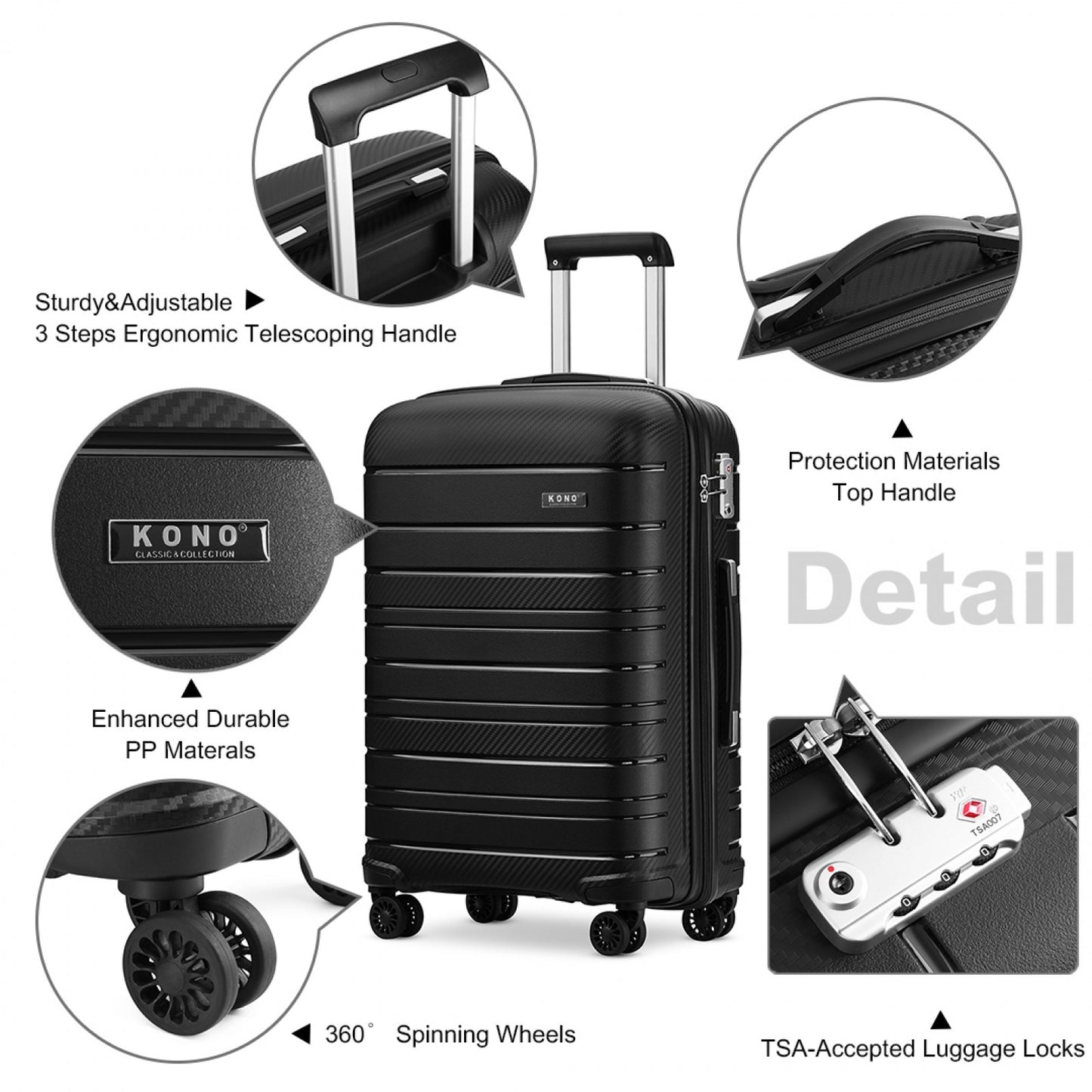 Kono Multi Texture Hard Shell PP Suitcase Classic Collection (K2091L) - Black